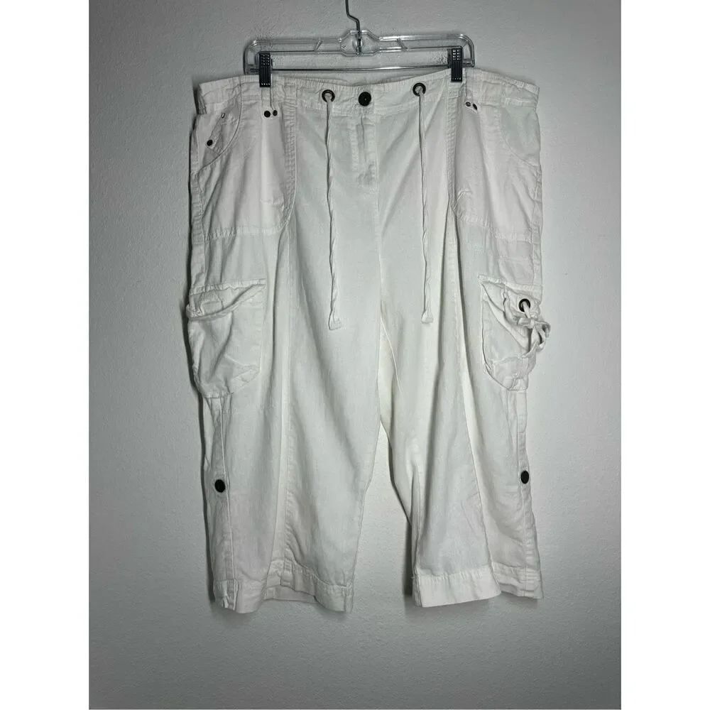 True  Lagenlook WHITE CARGO BERMUDA Capri Pants SHORTS LINEN BLEND SIZE 24